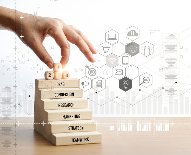 Hand of touching number one icons over wooden stair, Mobile payments, Digital marketing. Banking network. Online shopping and icon customer networking connection. Business technology, Marketing strategy business concept.