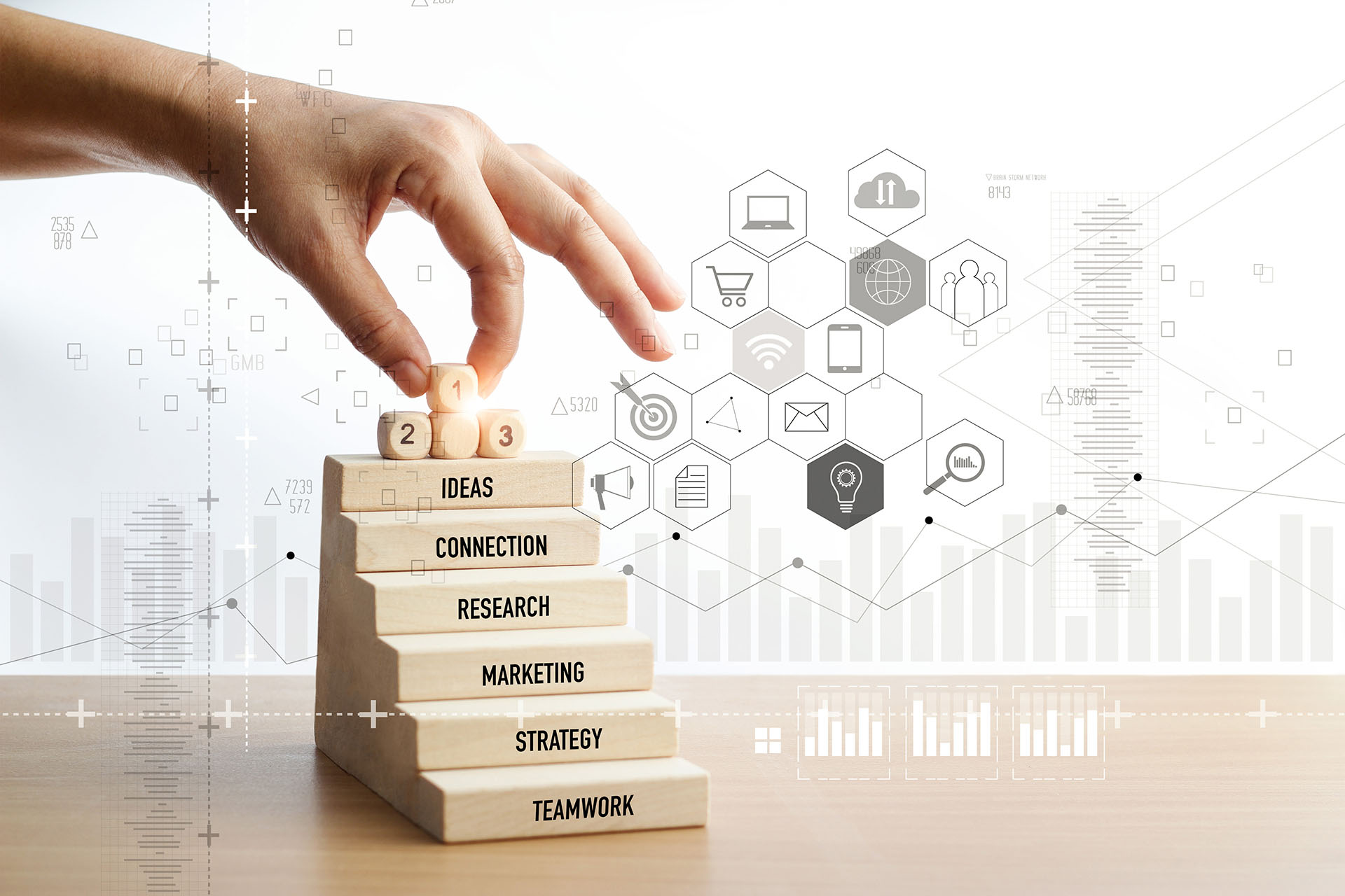 Hand of touching number one icons over wooden stair, Mobile payments, Digital marketing. Banking network. Online shopping and icon customer networking connection. Business technology, Marketing strategy business concept.