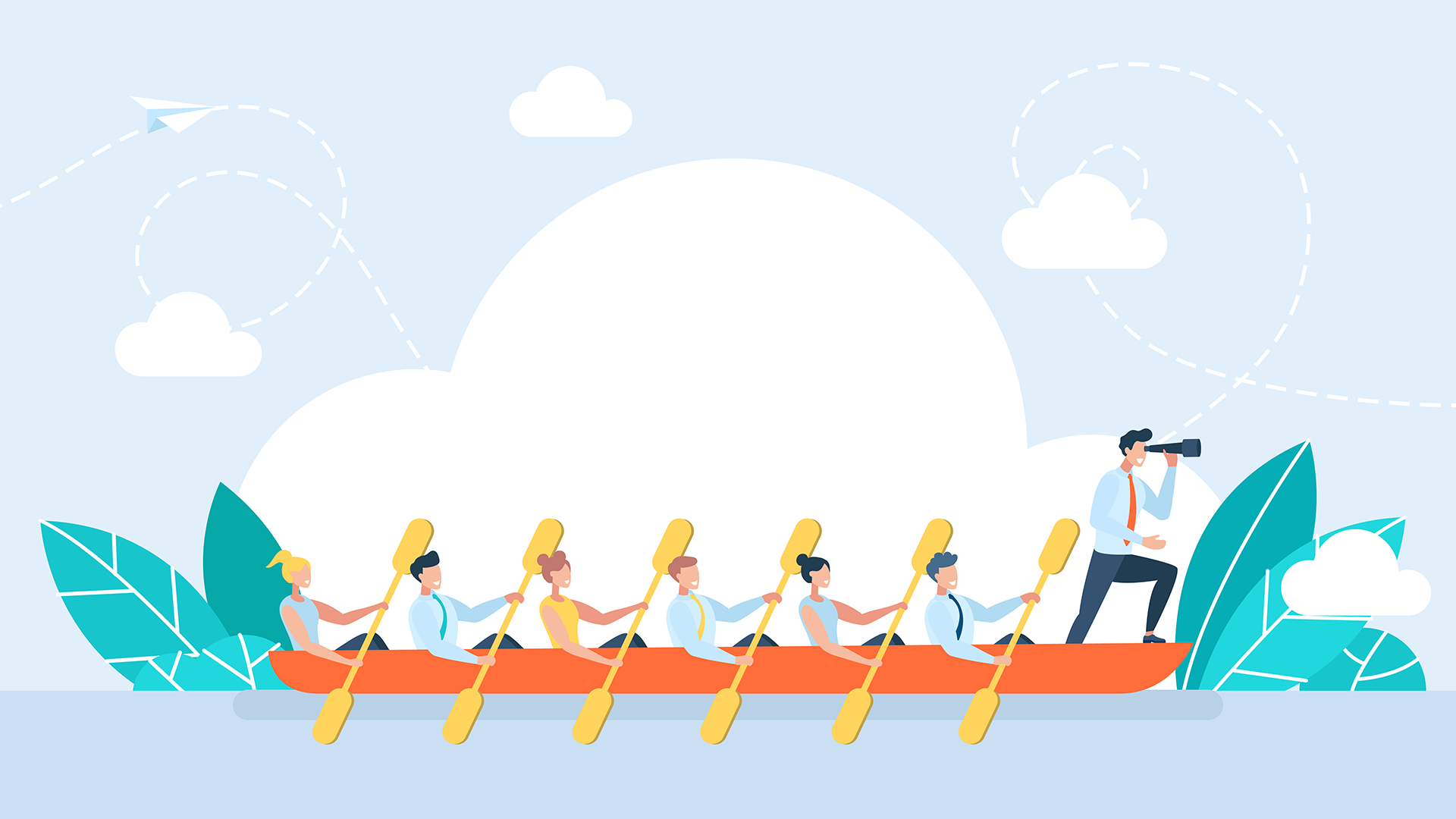 Team in row boat, illustration. Teamwork.