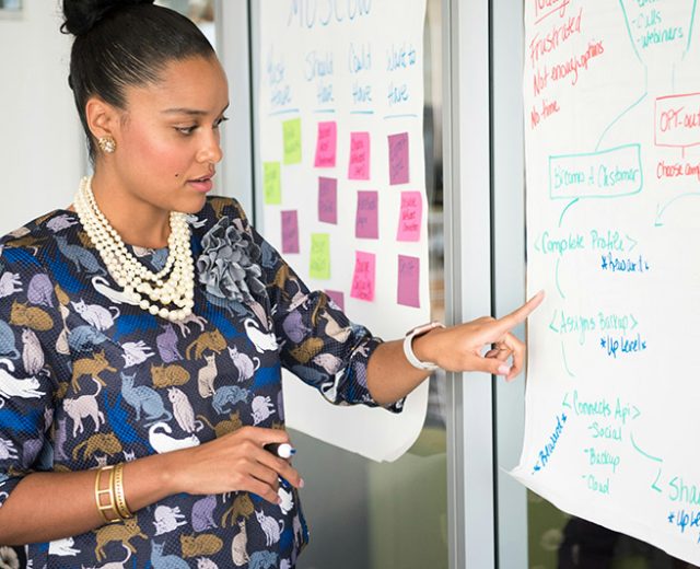 Leader at whiteboard planning
